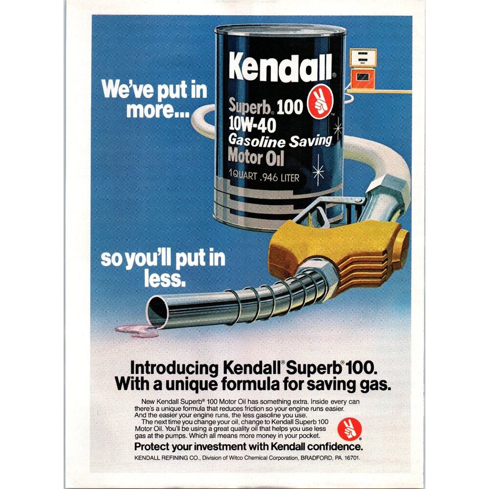 1980 Kendall Superb 100 Motor Oil Vintage Print Ad Yellow Gas Pump 80s Wall Art